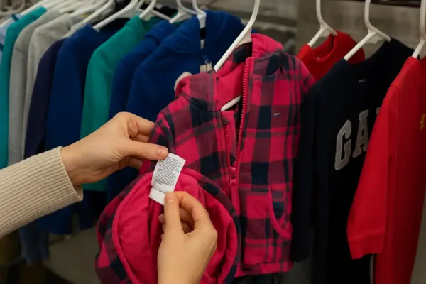 Mãos verificando etiqueta de roupa infantil de marca em brechó